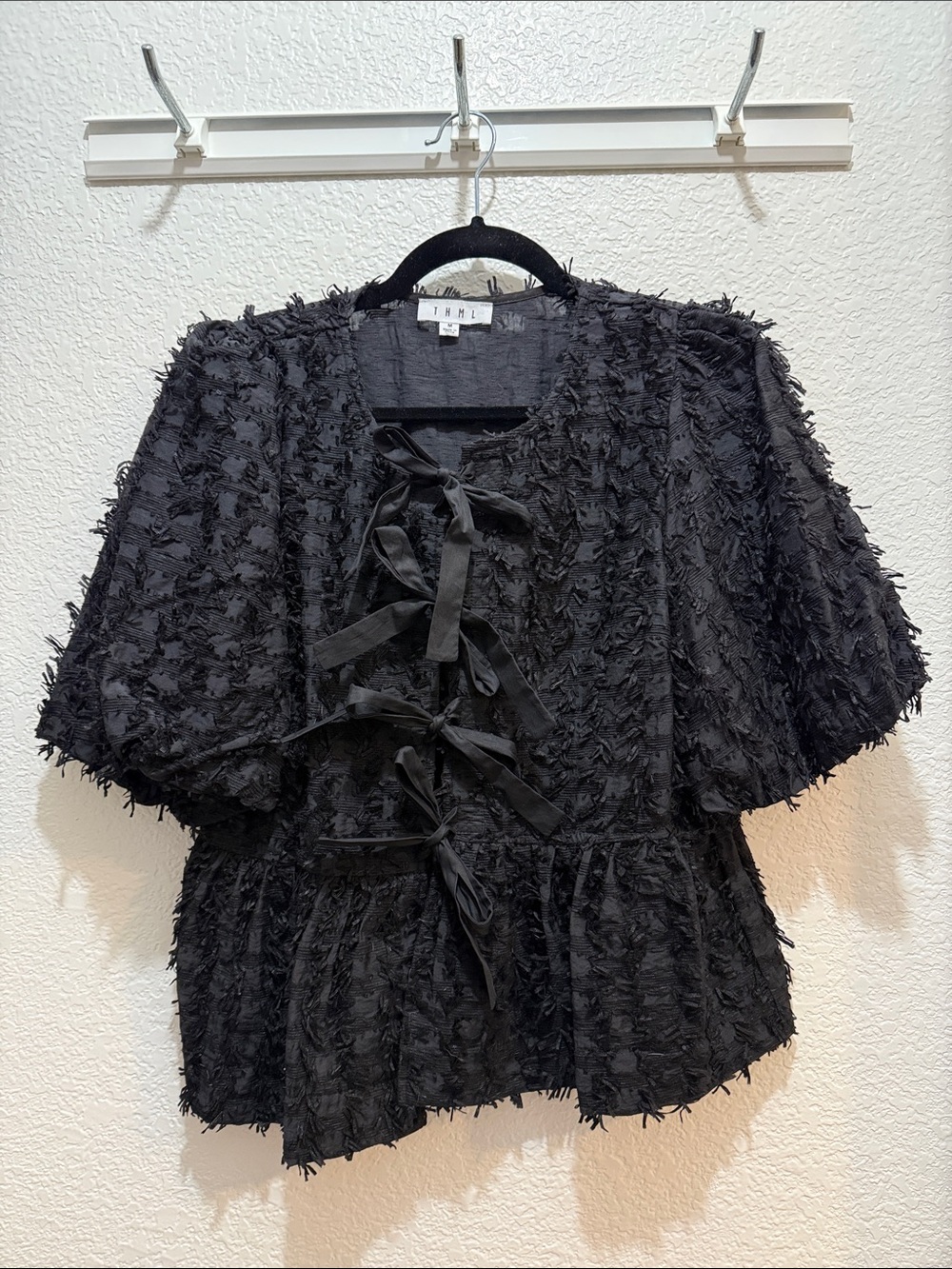THML Black Textured Tie-Front Peplum Cardigan